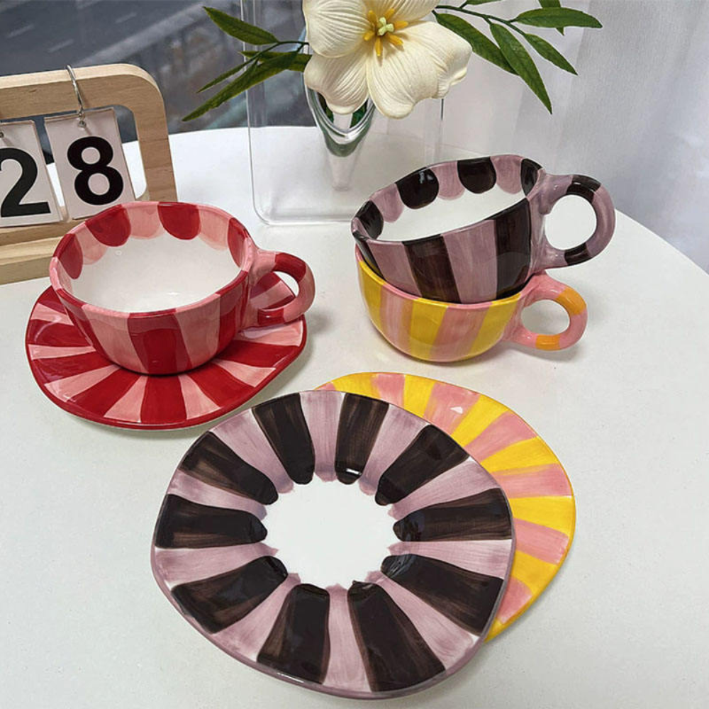 Caneca de Café com Pires de Cerâmica Irregular Colorida