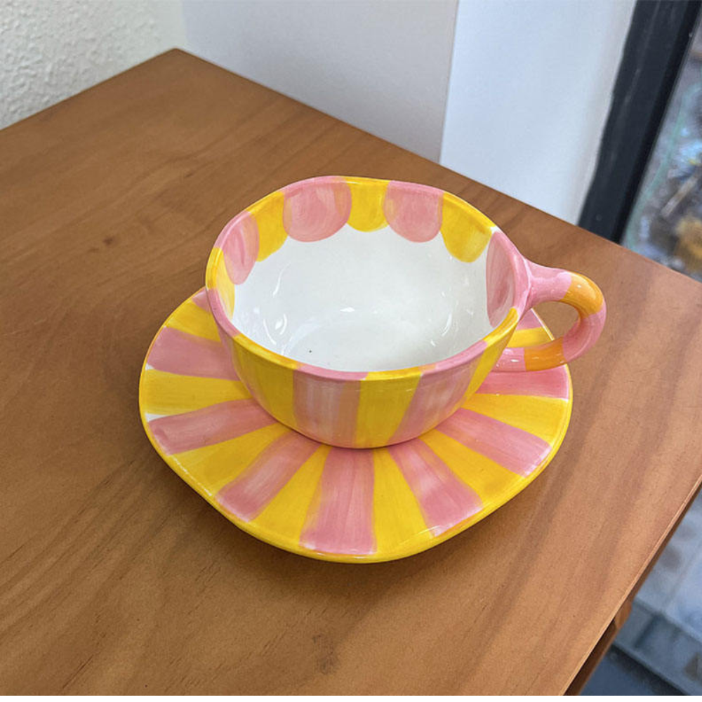 Caneca de Café com Pires de Cerâmica Irregular Colorida
